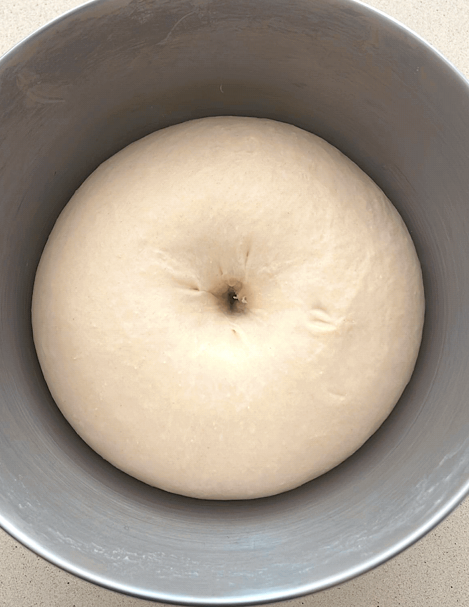 A hole forms in the dough, represents it's fully proofed.