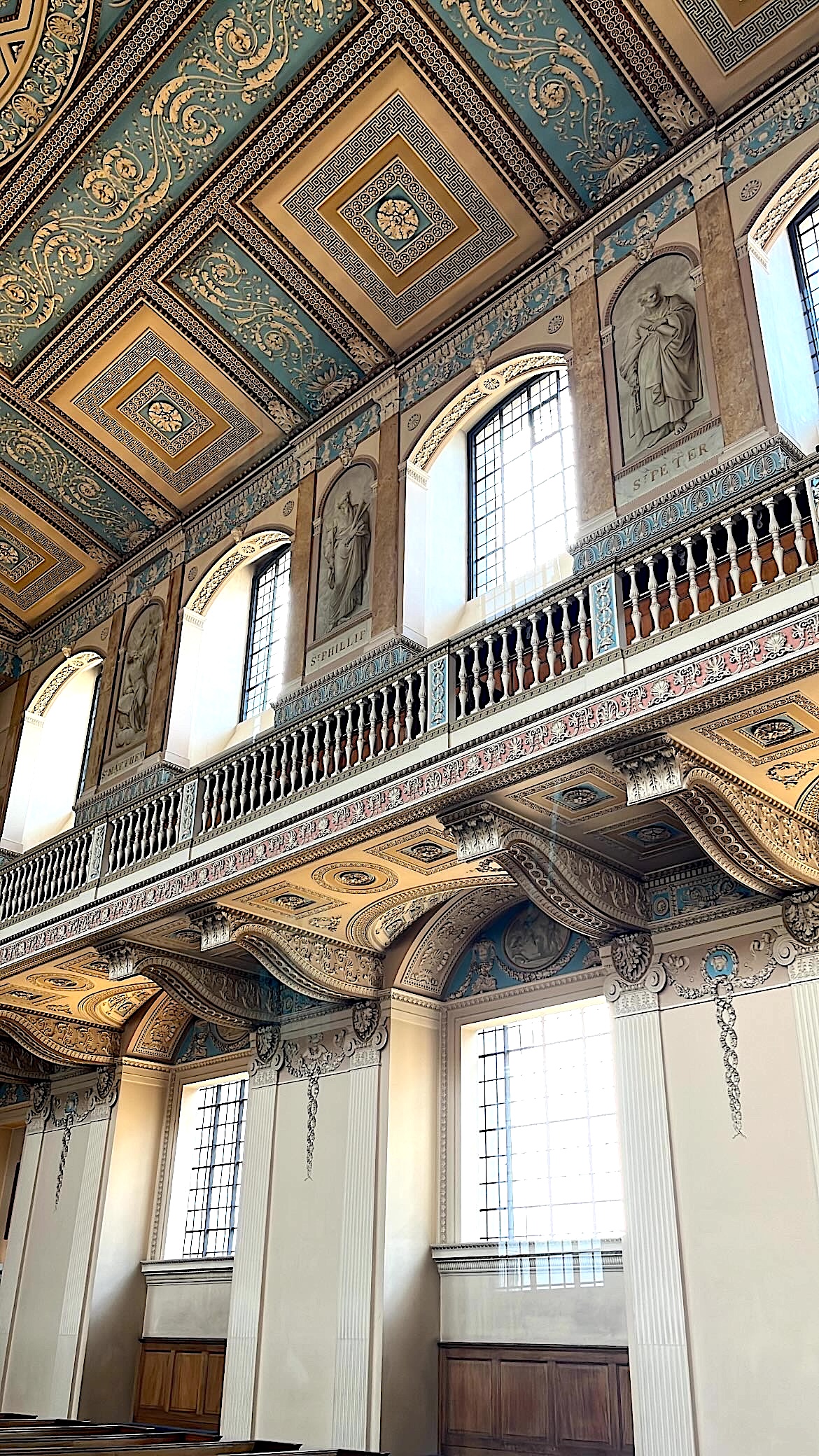 Ornate ceiling detail in the Neoclassical Chapel of St. Peter and St. Paul, featuring squares and octagons.