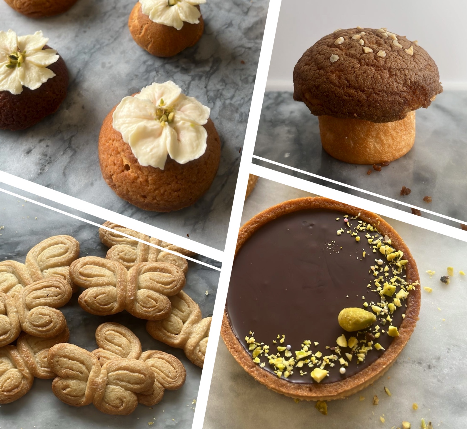 A variety of baked goods, including choux pastry, mushroom-shaped bread, butterfly palmier, and chocolate tart.