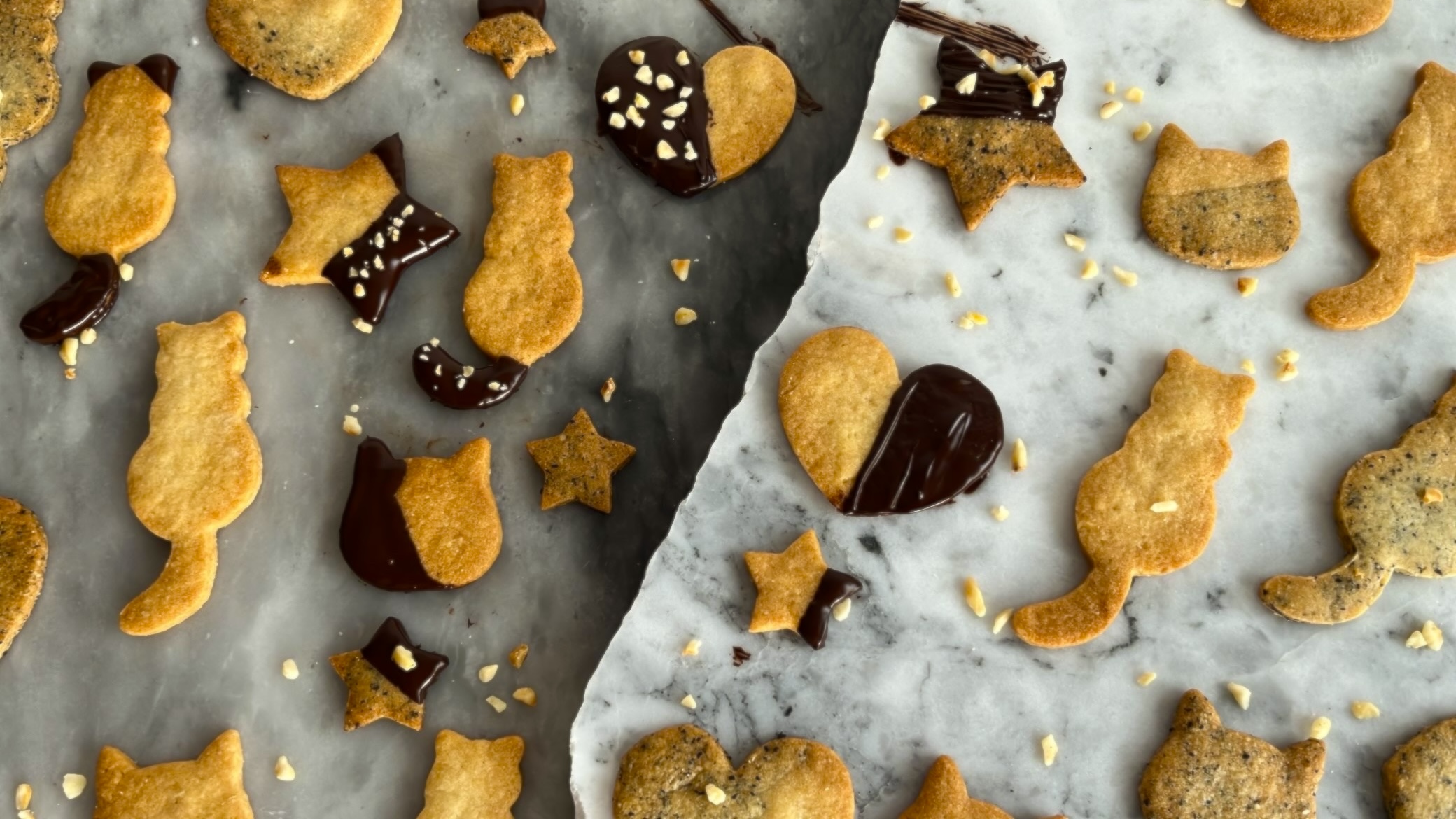 cookie in the shape of heart, cat and star, decorated with chocolate on top.