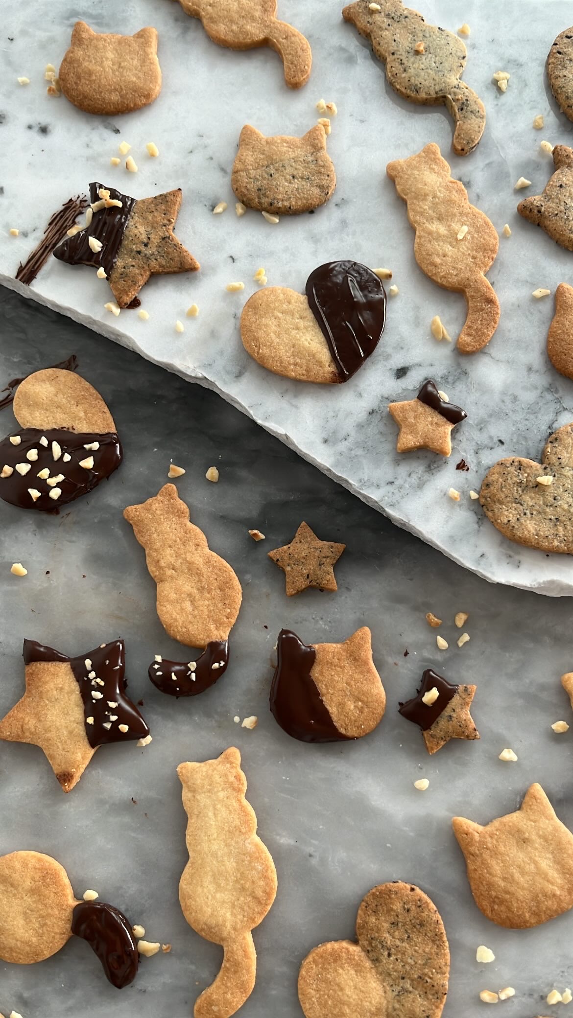 cookie in the shape of heart, cat and star, decorated with chocolate on top.