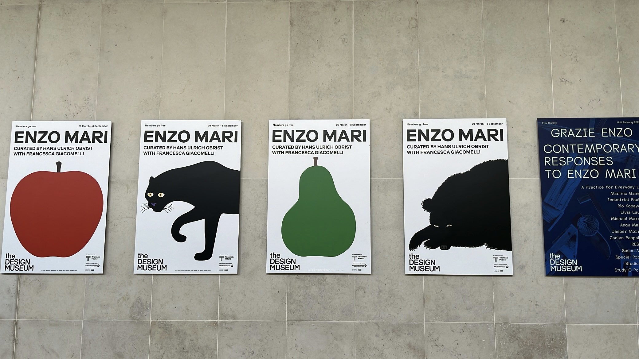 Posters from the Enzo Mari exhibition at the Design Museum, showcasing bold, minimalist designs that reflect the renowned Italian designer’s philosophy and works.