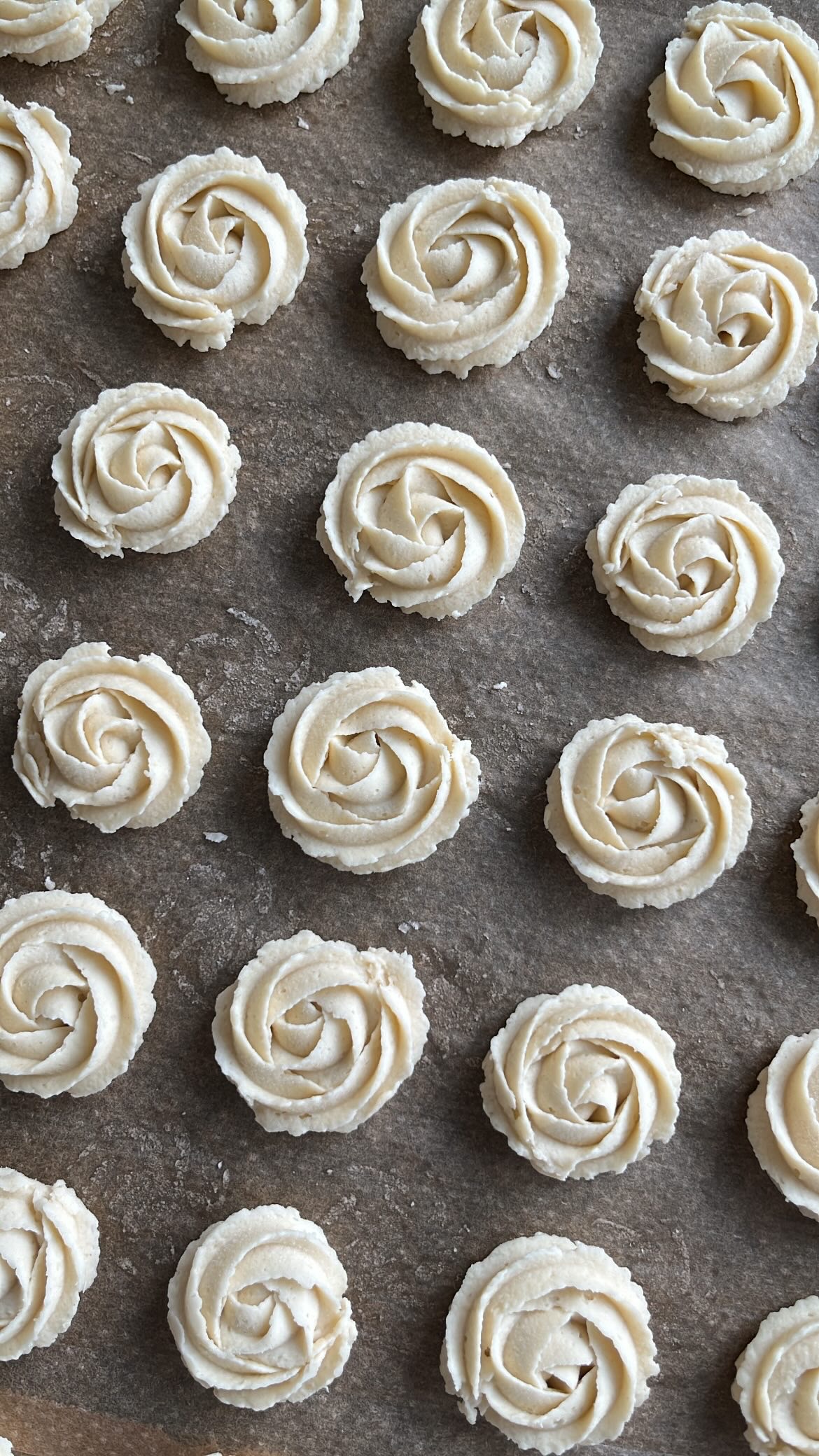 Piped flower-shaped batter to be chilled in the refrigerator