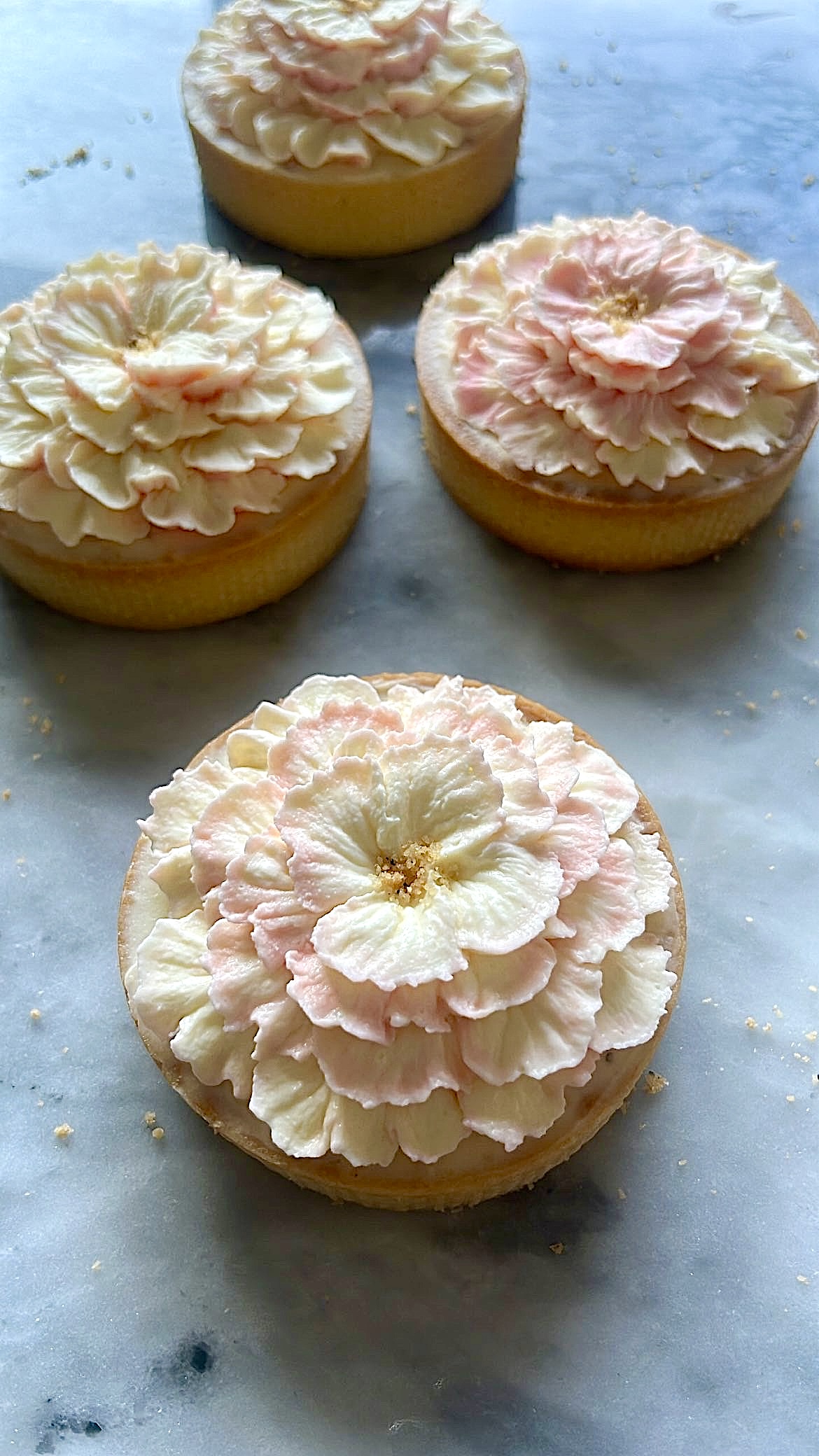 Three tarts decorated with pink and white flower-shaped cream piping on top